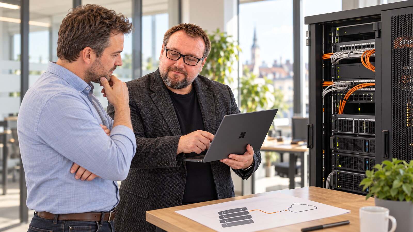 Herbert Röblreiter erklärt einem Kunden das Zusammenspiel lokaler Infrastruktur und externer Dienste