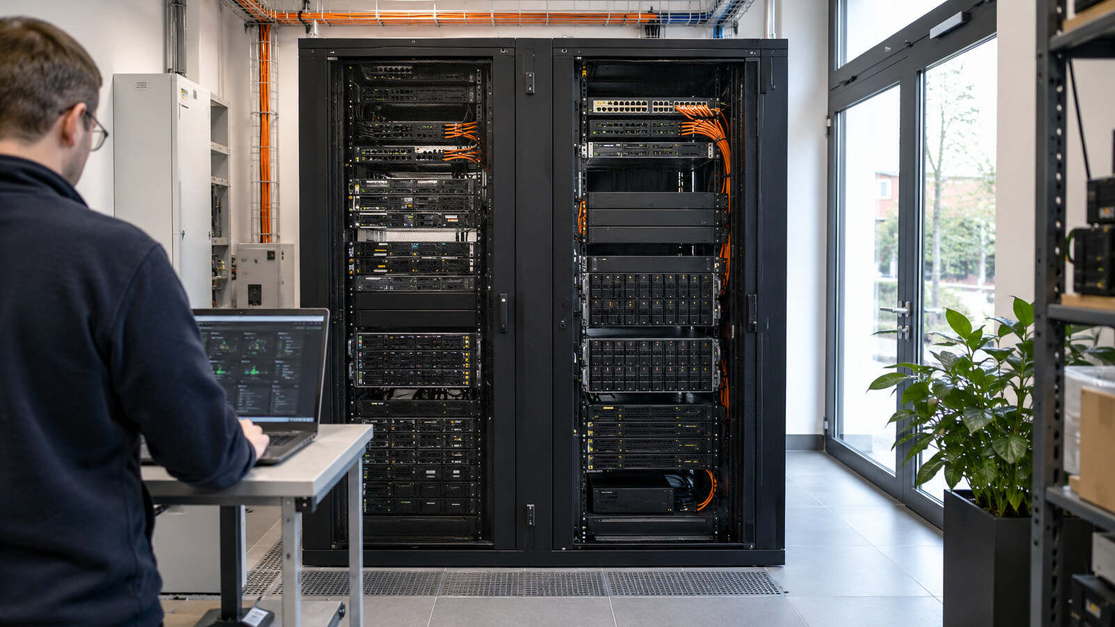 Techniker betreut einen kompakten Virtualisierungscluster in einem hellen Serverraum